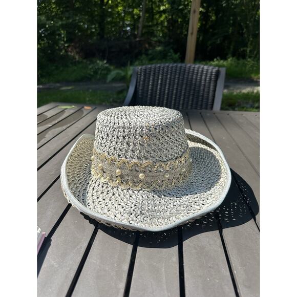 Vtg Eric Javits Light Gray Gold Trim And Pearls Classic Handwoven Fedora Hat - Picture 3 of 9